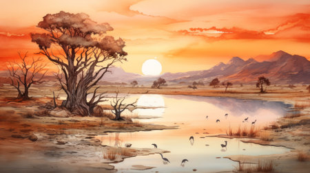 watercolor painting of trees in a desert at sunset, featuring detailed wildlife and post-apocalyptic backdrops. the artwork showcases reflections and mirroring, inspired by traditional african art. it also incorporates elements of romantic riverscapes and speedpainting, creating a fictional landscape that captivates the viewer. ai generatedの素材