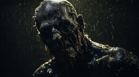 a hyper grainy and hyper detailed film still from a 1980s grindhouse movie. this dark scene, shot in the night, captures a disgusting monster in a punk art style. the image is filled with intricate details and a bloom effect, giving it a gritty and surreal atmosphere. the photo has a 4k resolution and was shot with a canon eos r3 camera, showcasing hyper realisticの素材