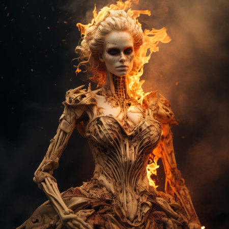 a woman wearing an intricate body charon costume is depicted in this rendered image created in cinema4d. she is seen igniting fire on her forehead, showcasing a mix of skeletal, dark beige, and gold elements. the artwork portrays romanticized figures with exquisite attention to detail in their clothing. this mixed media marvel captivates with its elaborate costumes and visually stunning composition. ai generatedの素材