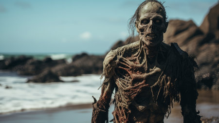 frankenstein's monster emerges from a decaying shipwreck on a desolate beach, waves crashing in the background. this candid, full-body shot captures the eerie atmosphere and showcases the monster's imposing presence. discover this captivating image in 600px resolution on unsplash. ai generatedの素材