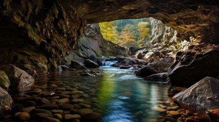 the photo captures a stunning view of a cave in the middle of a road, surrounded by rocky rocks and water. taken with the samyang af 14mm f/2.8 rf lens, the image showcases the natural scenery with vibrant colors. this breathtaking shot by ueda fumito is in 32k uhd resolution and has a national geographic photo feel, featuring arched doorways. ai generatedの素材
