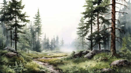 a snowy forest in winter is depicted in this watercolor painting, inspired by the style of cryengine. the misty atmosphere and xbox 360 graphics create a captivating scene. the artist, alexandr averin, beautifully romanticizes the wilderness, drawing inspiration from norwegian nature. dmitri danish's influence can also be seen in this stunning artwork. ai generatedの素材
