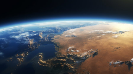 a stunning depiction of earth seen from space, showcasing a breathtaking view. this hard surface modeling artwork combines sky-blue and bronze tones, creating a visually captivating contrast. the earthy textures add depth and realism, while the hyperrealism and photorealism techniques bring out every intricate detail. with poignant and thought-provoking elements, this piece also offers political and social commentary. ai generatedの素材