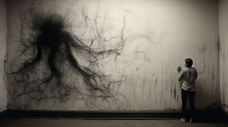 a woman gazes into a dimly lit room, accompanied by a man, as they stand beside a captivating painting. the artwork showcases a unique style characterized by fluid lines, expressive inkwork, and a panoramic effect created through motion blur. the piece is crafted using wire, featuring ethereal and ghostly figures. the overall aesthetic resembles a burned and charred charcoal drawing. ai generatedの素材