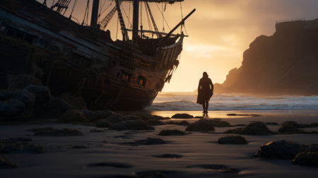 a woman stands by a large wrecked ship, surrounded by atmospheric and moody landscapes reminiscent of the dutch golden age. the scene is brought to life with lively coastal elements and bathed in a golden light. captured with a zeiss batis 18mm f/2.8 lens, the rendered image showcases the stunning realism of unreal engine and the enhanced visuals of rtx technology. ai generatedの素材
