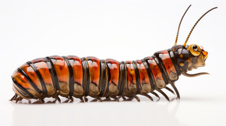 an orange and black caterpillar with a green tail is captured in a unique multiple exposure style photograph. the caterpillar's body is made up of insects, creating a fascinating texture. the wide-angle lens captures the details of its light maroon and dark amber colors, while the ceramic body extensions add an interesting touch. the overall composition showcases a blend of light indigo and dark amberの素材