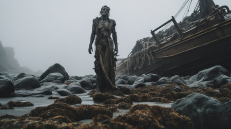 a young man and woman, reminiscent of game of thrones characters, stroll along a foggy beach. the scene is adorned with sculptures that exude a sense of filth and decay, evoking the style of hp lovecraft. the morbid atmosphere is captured beautifully by the sony alpha a7 iii camera, creating a stunning image that leaves one in awe. bryan hitch's artistic touch is evident inの素材