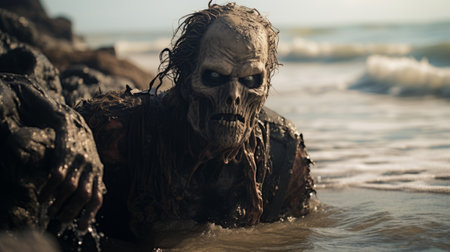 frankenstein's monster emerges from a decaying shipwreck on a desolate beach, with crashing waves in the background. this candid, full-body shot captures the eerie atmosphere and showcases the monster's imposing presence. discover this captivating image in 600px resolution on unsplash. ai generatedの素材