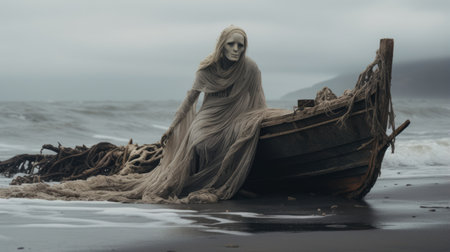 a ghostly figure emerges from a decaying shipwreck on a desolate beach, with crashing waves in the background. this haunting image captures the eerie beauty of the supernatural, shipwrecks, and desolation. find this 1x photo on unsplash in 600px resolution. ai generatedの素材