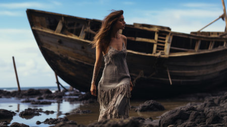 a woman gracefully strolls by a magnificent wooden boat, creating a surreal scene captured through the lens of fashion photography. the frayed, delicate, and intricate details of the boat complement the silver and brown tones, adding depth to the beach portraits. the unreal engine 5 enhances the ethereal atmosphere, while the exquisite clothing detail adds a touch of elegance to the composition. ai generatedの素材