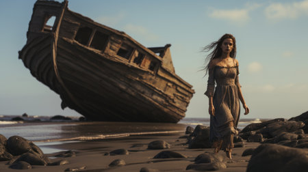 a young woman gracefully walks along a picturesque beach, accompanied by an old wooden boatship. this captivating image, created in the style of zbrush, incorporates gothic references and narrative-driven visual storytelling. the scene evokes a sense of romantic ruins and showcases the artistic techniques of daz3d. inspired by the san francisco renaissance, the image skillfully depicts trapped emotions. ai generatedの素材