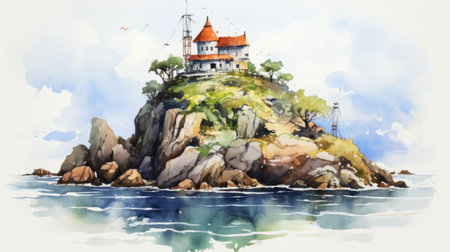 watercolor illustration of a cliff and island with a lighthouse, showcasing precise and detailed architecture paintings. the artwork features detailed ship sails and is created in the style of regional gothic. captured with the samyang af 14mm f2.8 rf lens, the vibrant and saturated colors bring the ceramic-like texture to life. the composition offers multiple points of view, adding depth and intrigue to the scene.の素材