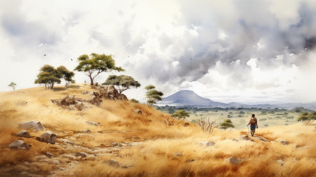 abstract painting of a hill with trees and hills, showcasing a realistic and detailed rendering in the style of traditional african art. the artwork, captured in a high-resolution of 3840x2160, depicts atmospheric clouds and intricate hunting scenes. this masterpiece, created using the hasselblad h6d-400c, exudes a prehistoricore vibe. ai generatedの素材