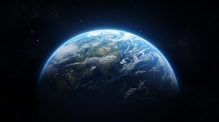 earth wallpaper 1080x1920 featuring a hyper-detailed and realistic rendering of our planet, created in the style of unreal engine. this wide-angle lens photograph captures the atmospheric blues and offers political and social commentary. a captivating image with a creative commons attribution, sourced from the associated press. ai generatedの素材