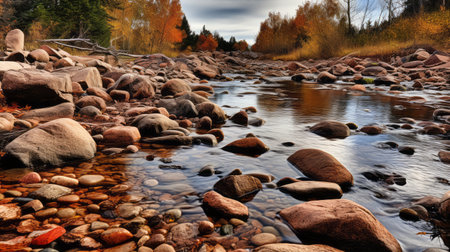 a creek with rocks and abundant trees, captured in a warm color palette of silver and red. the fish-eye lens adds a unique perspective to the scene, while the dark amber and white tones evoke a 20th-century scandinavian style. this captivating photograph, taken on flickr, showcases the beauty of nature with its light crimson and gold hues. ai generatedの素材