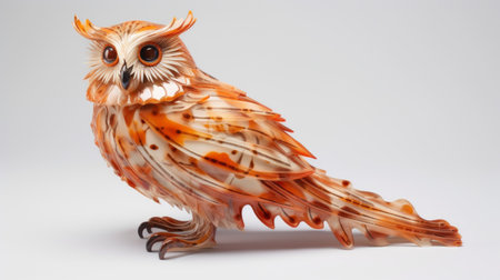 a glass owl sculpture in green and orange, inspired by the artistic styles of richard phillips and xu beihong. the owl features a light orange and brown color palette, reminiscent of meghan howland's work. crafted from resin, the sculpture showcases fine lines and intricate details, creating a captivating piece with a touch of plastic. ai generatedの素材