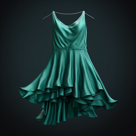 a green wedding dress, in the style of daz3d, hangs on a hanger against a black background. the dress features symmetrical asymmetry, with a dark cyan color that appears smooth and shiny. highly realistic and glamorous, it exudes a sense of flowing draperies, perfect for elegant pin-up looks. ai generatedの素材