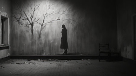 the lonely house of christie, captured by kristos novotny, showcases ethereal portraiture with flowing silhouettes. this conceptual installation features light black and gray tones, creating atmospheric impressionistic scenes. the romantic chiaroscuro effect adds depth to the motion blur panorama, resulting in a captivating visual experience. ai generatedの素材