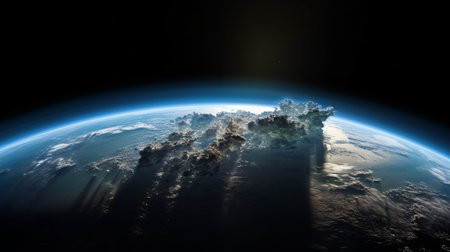 the earth is captured from space, showcasing the mesmerizing view of clouds floating in the sky. this stunning image features vray tracing, apocalyptic collage, high dynamic range, radiant clusters, cryengine, nature-inspired imagery, and post-apocalyptic elements. ai generatedの素材