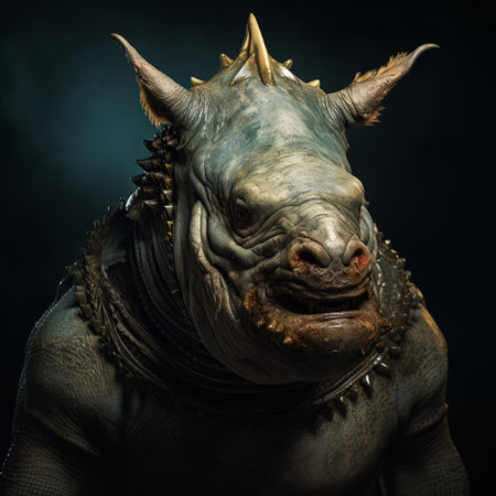 a rhinoceros with a strong facial expression holds a fish in this expressive facial animation. the image combines elements of security camera footage, the artistic styles of patricia piccinini and giuseppe arcimboldo, and the themes of video, zombiecore, and strong facial expressions. ai generatedの素材