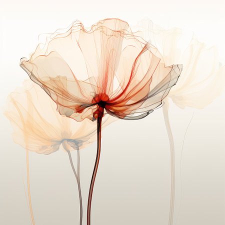 a digital flower on the desktop, featuring translucent layers, light red and dark beige hues, delicate curves, and fine lines. the elegant inking techniques create flowing silhouettes, while the white background enhances the realistic still life effect. the dramatic lighting adds depth to this captivating image. ai generatedの素材