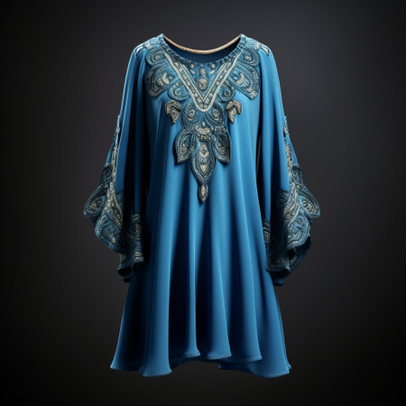 an embroidered dress with an intricately embroidered collar, designed to keep the chador cool. rendered in cinema4d, this dark cyan and gold dress appears realistic and detailed. the flowing textures and arabesque patterns add to its beauty. this digitally enhanced, high-quality photo showcases the exquisite craftsmanship of the dress. ai generatedの素材