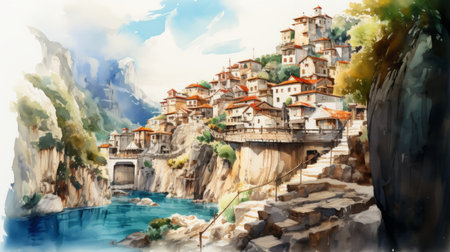 town by the river: this realistic watercolor illustration showcases a charming town nestled alongside a serene river. the artwork combines elements of terragen, anime art, and mountainous vistas, resulting in a unique blend of styles. the inclusion of ps1 graphics, greek art and architecture, and orient-inspired details adds depth and cultural richness to the scene. ai generatedの素材