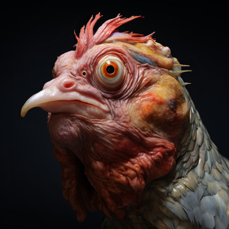 a chicken with a unique facial shape is captured in a shadowy setting, showcasing the intricate details and realistic rendering achieved through vray tracing. this sci-fi inspired image combines elements of zombiecore and foampunk, resulting in an explosive and hyper-detailed portrayal of wildlife. ai generatedの素材