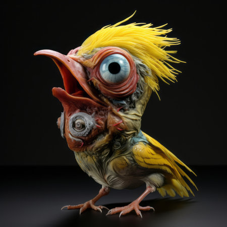a green beak-shaped bird with yellow feathers and eyes is depicted in this surrealistic anatomy-inspired photo. created using zbrush and captured with a sony alpha a1 camera, the image showcases grotesque caricatures, filthy sculptures, and inventive character designs. the bird's appearance is reminiscent of a caricature-like figure, adding to the overall artistic impact of the photo. ai generatedの素材