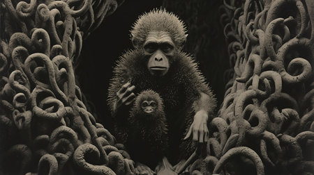 a photo of jonathan blakesmonkey captured in the tangled forest, showcasing the unique wet plate collodion style. this criterion collection image features elements of mote kei and intricate use of hatching, creating a visually captivating composition. associated press has taken this stunning photo, reminiscent of the iconic madonna and child motif. ai generatedの素材