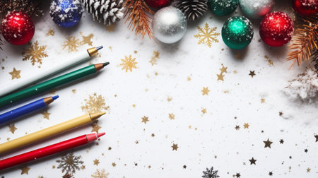 christmas ornaments in the style of the stars art group xing xing, featuring colorful balls among colored pencils and paints. the photo showcases a minimalist background with a white and gold matte finish. created by sven nordqvist, this non-representational image captures the essence of letterboxing. ai generatedの素材