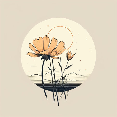 a cosmos flower blooms gracefully in a circular formation, basking in the warm glow of the sun. this captivating image captures the essence of subtle ink landscapes and graphic design-inspired illustrations. the color palette of dark beige and yellow creates a serene atmosphere, reminiscent of calm waters. the intricate details of the flower's petals and the overall character design make this image a perfect inspirationの素材