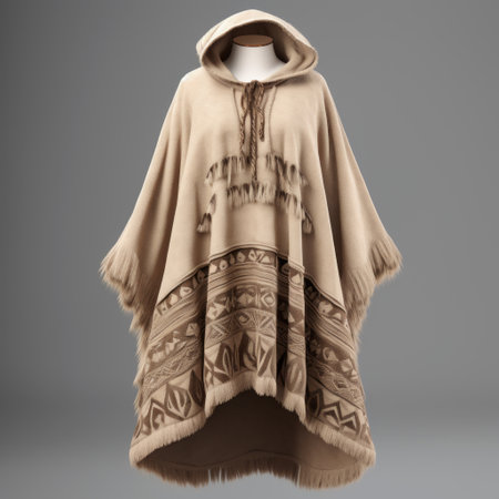 a hooded brown beige poncho model rendered in 3d, showcasing the unpolished authenticity of american prints from 1880-1950. this royalty-free image features mesoamerican influences, with light beige tones and intricate feather details. the symmetrical design reflects the style of 500-1000 ce. ai generatedの素材