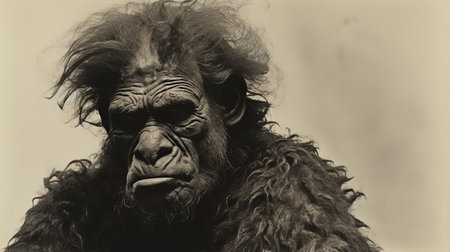 an african caveman with long hair and a mustache wearing a loin cloth is captured in this striking black-and-white photograph. the characterful animal portraits and fantastical creatures add a touch of intrigue to this unique image, reminiscent of the style of graflex speed graphic. this national geographic photo showcases the artistry of american sculpture from 1830 to 1950, offering a captivating glimpse into the past.の素材