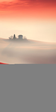 the photo captures a charming and idyllic rural scene with a minimalist figuration style. the landscape is bathed in soft sunlight as it breaks through the horizon of the red sky. mist adds a surreal touch to the architectural and italian landscapes. shot with a zeiss batis 18mm f2.8 lens, the uhd image showcases the beauty of these stunning scenes. ai generatedの素材
