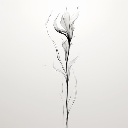 an abstract white flower emerges from swirling smoke, resembling minimalistic black and white sketches. the elongated petals contrast with the light maroon and dark gray hues. twisted branches add a touch of complexity, while the transparency and lightness of the image create a captivating visual experience. ai generatedの素材