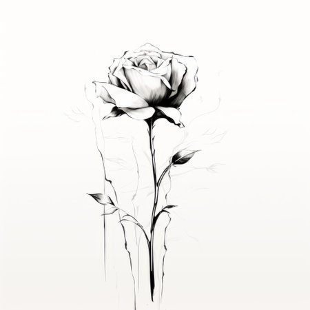 a vector black and white drawing of a rose with a few leaves, inspired by the artistic styles of conrad roset and serge marshennikov. this minimalistic design captures the romantic atmosphere with its transparency, lightness, and matte finish. influenced by ancient chinese art, this rose illustration exudes elegance and simplicity. ai generatedの素材