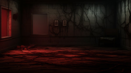 an eerie, nightmarish room with a wooden floor and haunting trees. the dark red and dark crimson color scheme adds to the unsettling atmosphere. the hard edge painter's style is evident in the chilling illustrations. with the rtx on, the details are enhanced, showcasing the dripping paint and creating a halloween-inspired ambiance. the room is adorned with a combination of light red and dark grayの素材