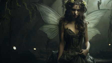 a young woman in a fairy costume, adorned with green wings, is captured in a dark and moody vignette. the photo showcases a combination of dark silver and brown tones, creating a romantic atmosphere. the soft focus and ethereal light add to the enchanting ambiance. this captivating image, taken by kevin hill, features fine lines and intricate details, making it an iconic piece on flickr.の素材