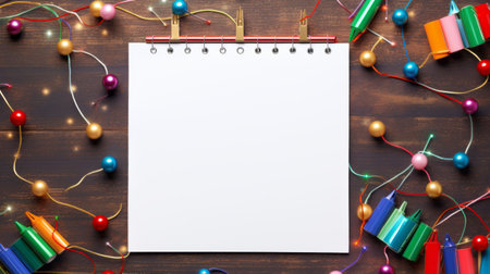 white notebook with confetti and colorful lights, xmaspunk style. sparse backgrounds, wood, realistic detailing, lively tableaus, symmetrical grid, large-scale canvas. ai generatedの素材