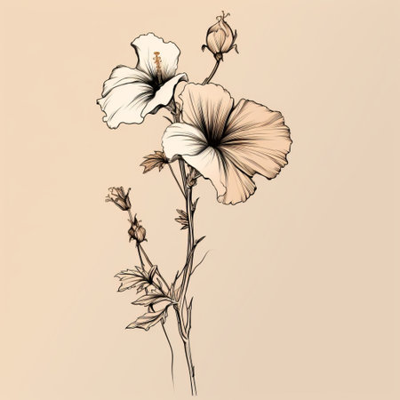 a bunch of hibiscus flowers, depicted in a dreamy and romantic style with light beige and dark amber tones. the illustration showcases classical romanticism with symmetrical asymmetry and high-contrast shading. influenced by ancient chinese art, the minimalistic composition captures the beauty of the hibiscus flowers in a captivating manner. ai generatedの素材
