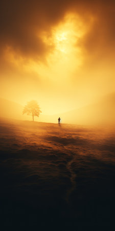 a lone tree stands tall amidst the foggy sunrise on a hillside. the dark yellow and amber hues create a poignant and surreal atmosphere, reminiscent of epic fantasy scenes. this english countryside landscape is filled with light, showcasing romantic and dramatic beauty. the image also features surreal human figures, adding an intriguing element to the captivating scene. ai generatedの素材