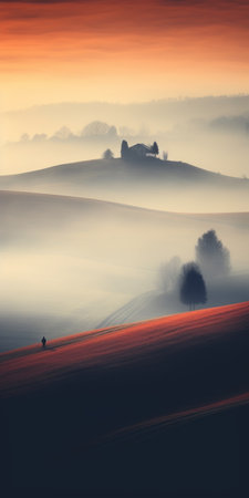 a misty countryside landscape with fields in the style of light red and cyan. this italian-inspired scene showcases the beauty of the land with a dreamy quality. the focus stacking technique enhances the figurative art, while the dark gray and amber tones add a charming and idyllic touch to the rural scenery. experience the zen minimalism of this captivating photo. ai generatedの素材