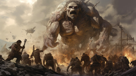 an immense creature, depicted in intense action scene style, stands over a large group in this illustration. the muted colorscape mastery and zombiecore elements add to the dramatic effect. created using vray and inspired by medieval aesthetics, this artwork prioritizes emotion over realism. captured with a canon eos 5d mark iv. ai generatedの素材