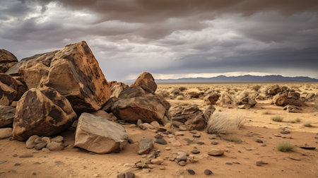 a stormy day in the namibia desert captured with the iconic tokina at-x 11-16mm f/2.8 pro dx ii lens. this photograph showcases the rock and roll imagery of the desert, with a loose and painterly style. the colors of light orange and dark gray create an atmospheric interpretation, while the uhd image highlights the details in light silver and dark beige. ai generatedの素材