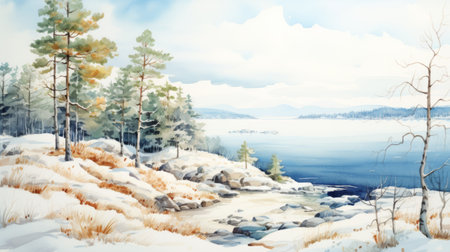 watercolor illustration of an autumn day by the pond, bathed in the warm winter sunshine. inspired by the renowned sea and coast painter tyko sallinen, this artwork captures the essence of expansive landscapes, snow scenes, lively coastal landscapes, and mysterious seascapes. created using the hasselblad h6d-400c, this piece showcases the beauty of nature in a vibrant and captivating way. ai generatedの素材