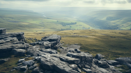 white clouds fill the sky in this photo, reminiscent of traditional british landscapes. captured with a zeiss batis 18mm f2.8 lens, the matte painting showcases realistic landscapes with soft, tonal colors. the composition also features organic stone carvings and is taken from an aerial perspective, with a striking contrast between dark silver and light indigo hues. ai generatedの素材
