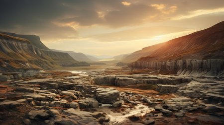 river flowing from rugged cliffs at sunset time, showcasing a post-apocalyptic imagery with a touch of traditional british landscapes. this uhd image captures the essence of a whistlerian scene, reminiscent of national geographic photos. the light amber and silver hues add a mesmerizing touch to the breathtaking view. ai generatedの素材