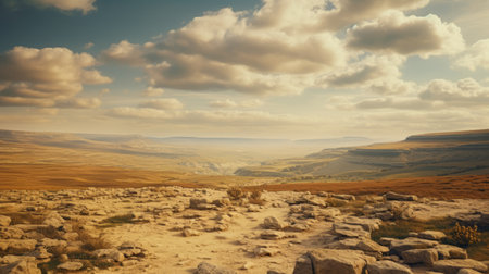 rugged rocks and cliffs dominate the mountain landscape, showcasing the captivating beauty of nature. the orton effect adds a touch of mystique to the scene, while the beige and amber tones evoke a traditional british landscape feel. shot on 70mm, this high-quality photo captures ethereal cloudscapes, reminiscent of a national geographic masterpiece. ai generatedの素材