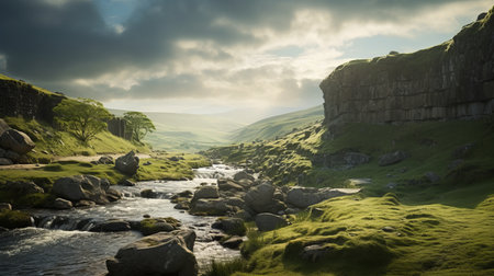grassy valley nestled amidst rocks, streams, and mountains, captured in a stunning winter landscape. this national geographic photo by greg simkins showcases a traditional british style, reminiscent of mystical creatures and landscapes. the play of light and shade adds depth to the scene, creating a captivating visual experience. ai generatedの素材